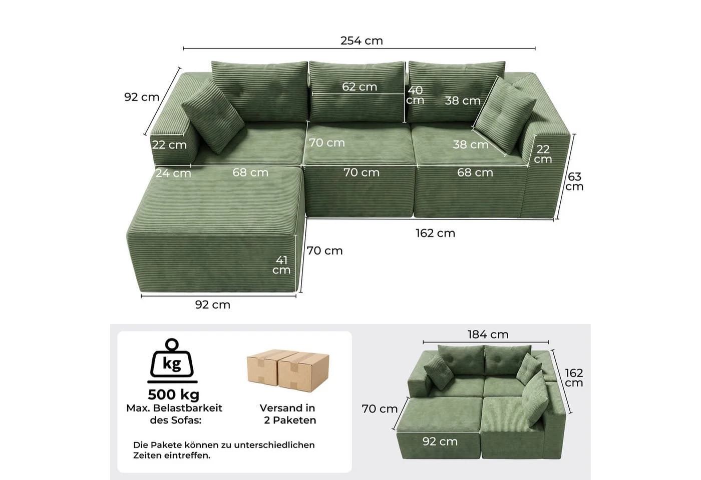 GLP Ecksofa Cord Grün 3-Sitzer mit Hocker Modulsofa - Bild 4