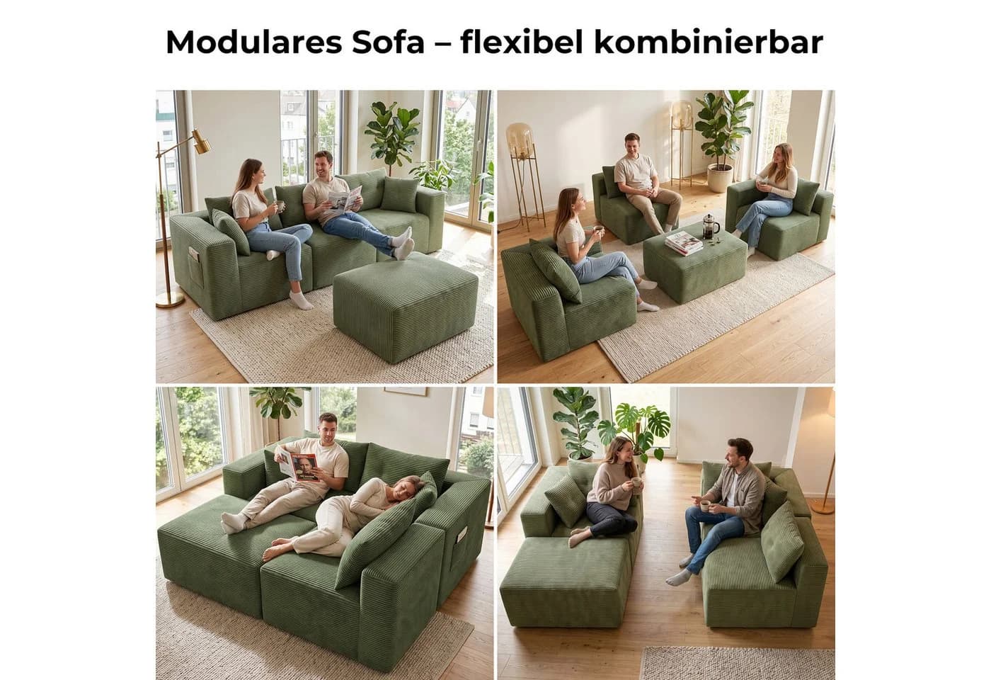 GLP Ecksofa Cord Grün 3-Sitzer mit Hocker Modulsofa - Bild 5