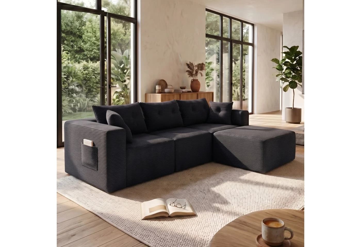 GLP Ecksofa 3-Sitzer mit Hocker Cord Modulsofa Anthrazit