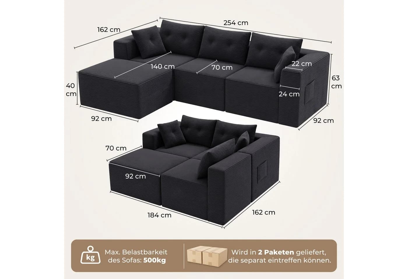 GLP Ecksofa 3-Sitzer mit Hocker Cord Modulsofa Anthrazit - Bild 3