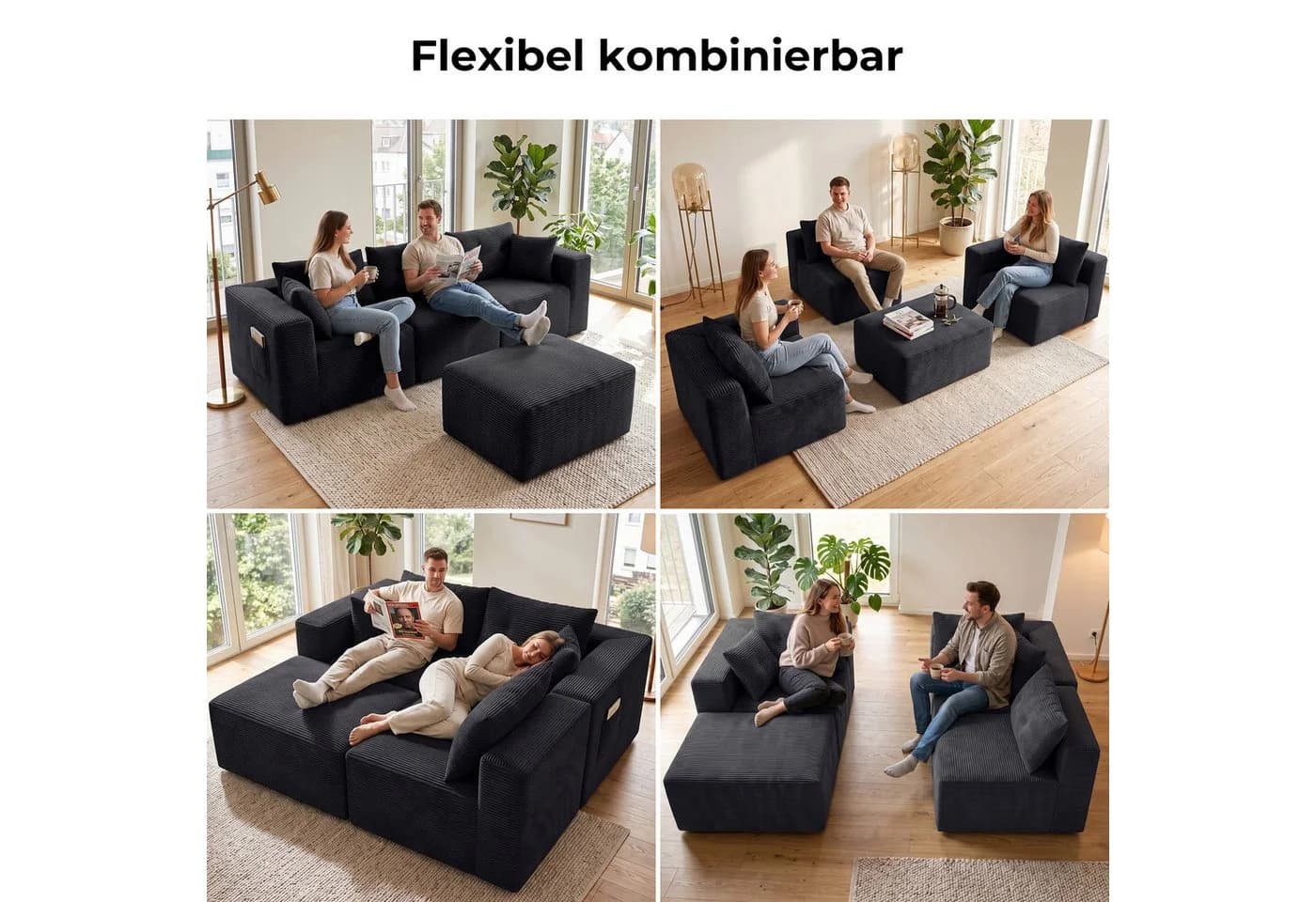 GLP Modulares Ecksofa Cord 254 cm Anthrazit mit Hocker - Bild 4