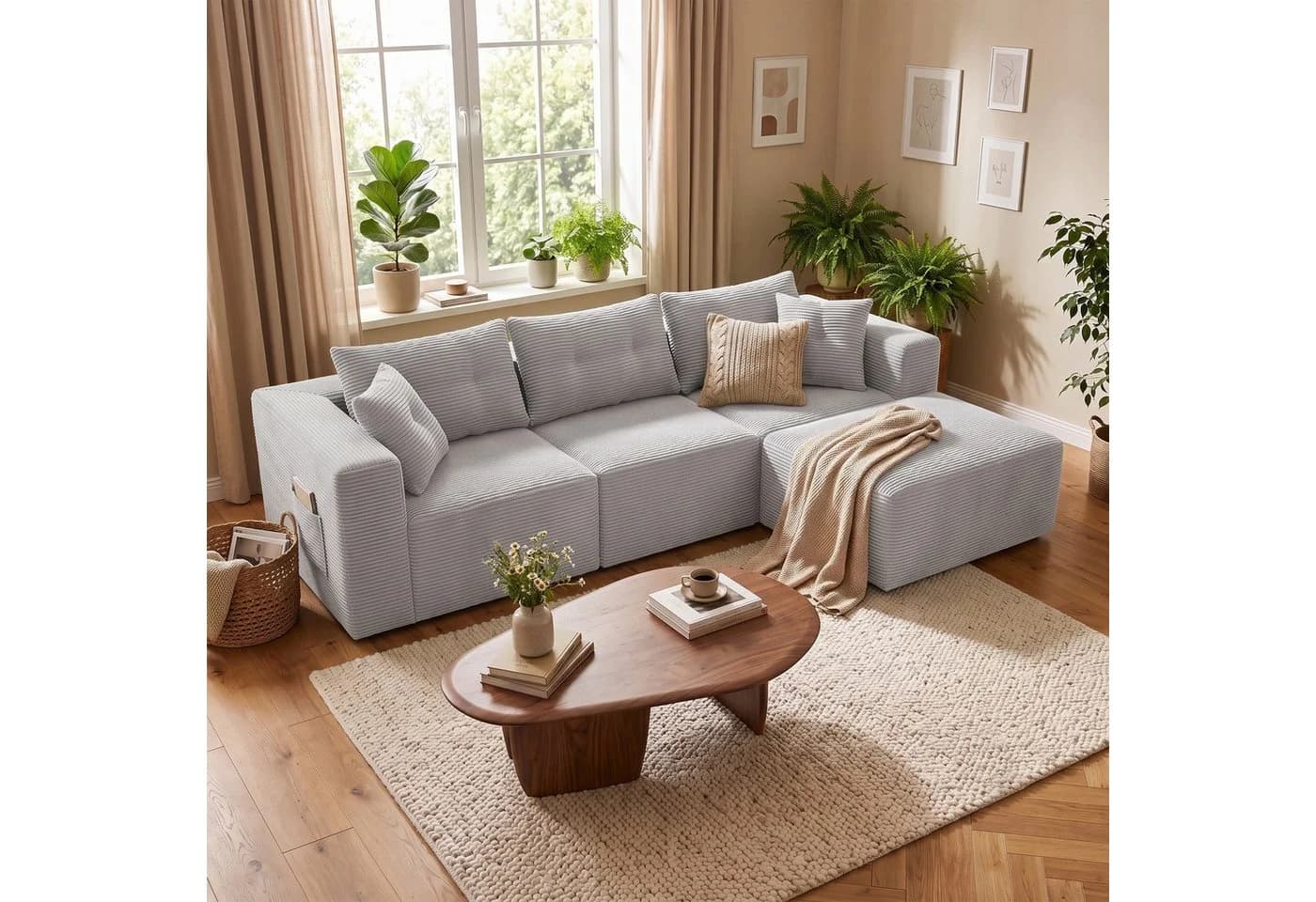 GLP Modulares Ecksofa 254 cm Cord grau mit Hocker