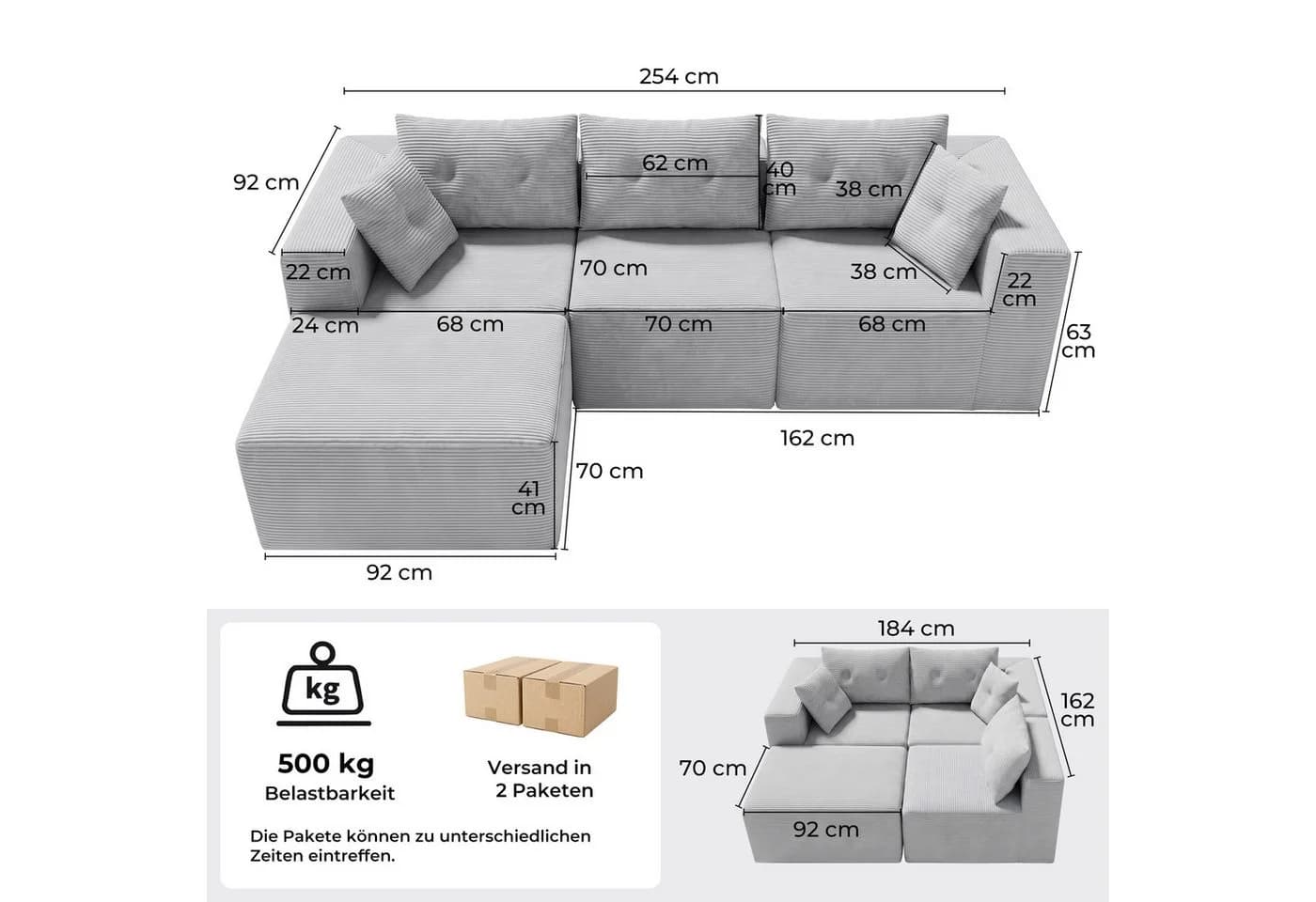 GLP Modulares Ecksofa 254 cm Cord grau mit Hocker - Bild 3
