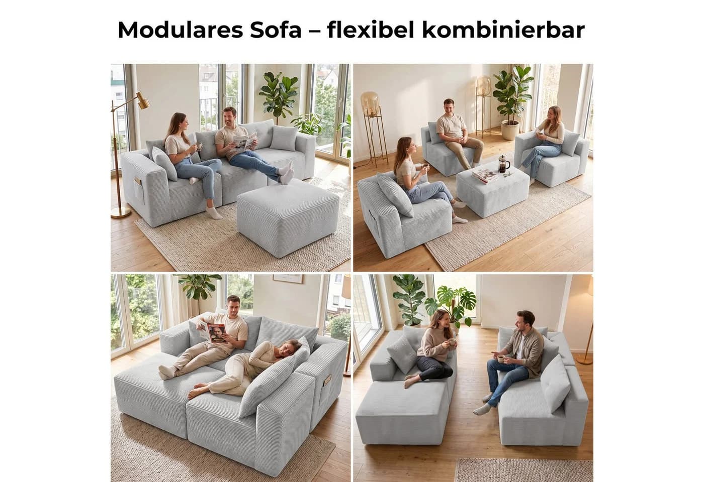 GLP Modulares Ecksofa 254 cm Cord grau mit Hocker - Bild 4