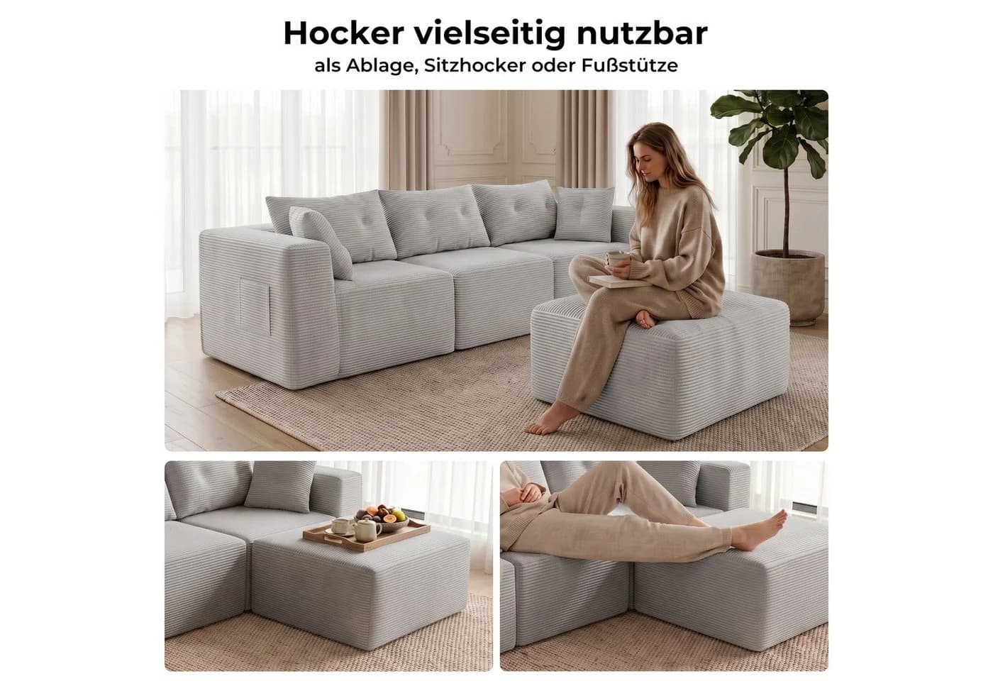 GLP Modulares Ecksofa 254 cm Cord grau mit Hocker - Bild 5