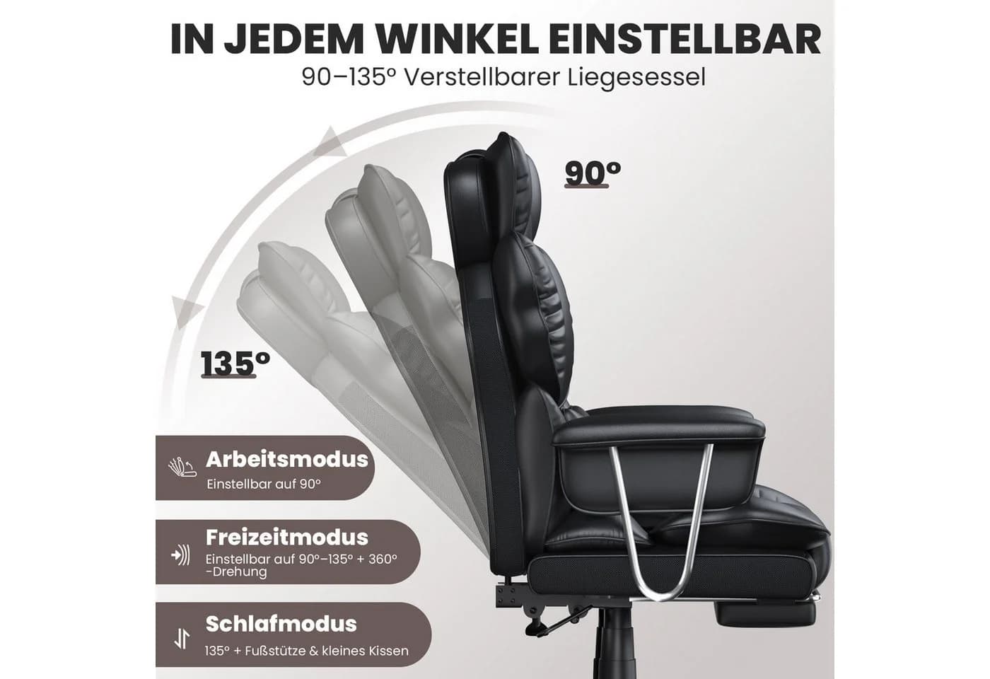 ZAISZE Bürostuhl Ergonomisch mit Ruhefunktion & Fußstütze Schwarz - Bild 4