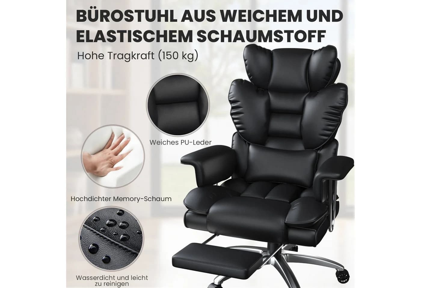 ZAISZE Bürostuhl Ergonomisch mit Ruhefunktion & Fußstütze Schwarz - Bild 5