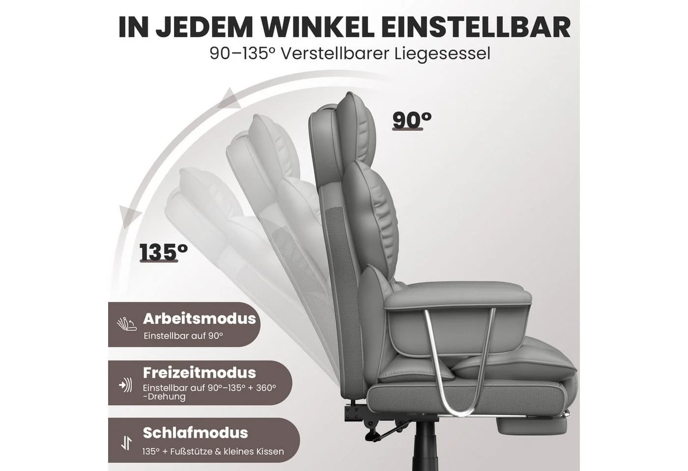 ZAISZE Bürostuhl Grau Ergonomisch mit Fußstütze & Kopfstütze - Bild 4