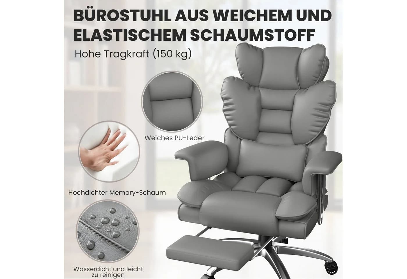 ZAISZE Bürostuhl Grau Ergonomisch mit Fußstütze & Kopfstütze - Bild 5