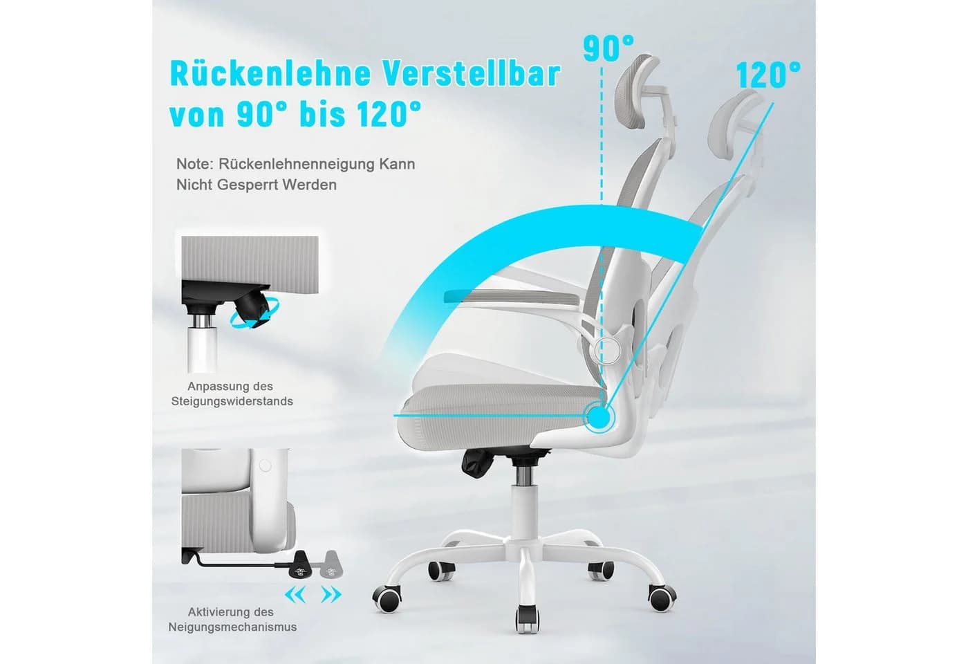 ZAISZE Ergonomischer Bürostuhl Grau mit Netzbezug und klappbaren Armlehnen - Bild 3