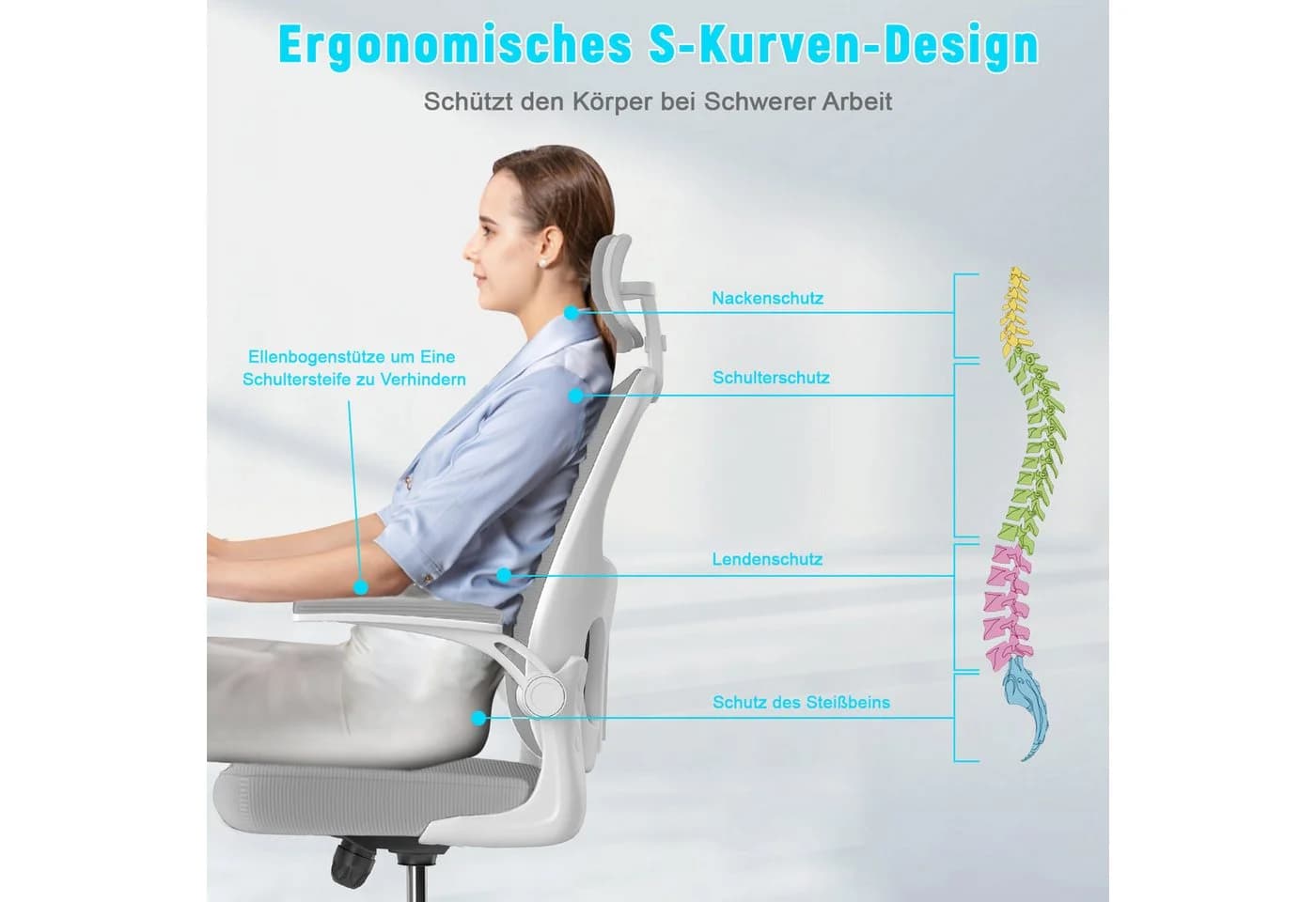 ZAISZE Ergonomischer Bürostuhl Grau mit Netzbezug und klappbaren Armlehnen - Bild 4