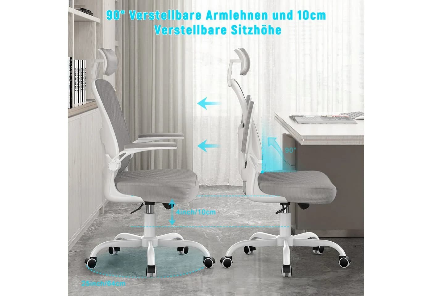 ZAISZE Ergonomischer Bürostuhl Grau mit Netzbezug und klappbaren Armlehnen - Bild 5