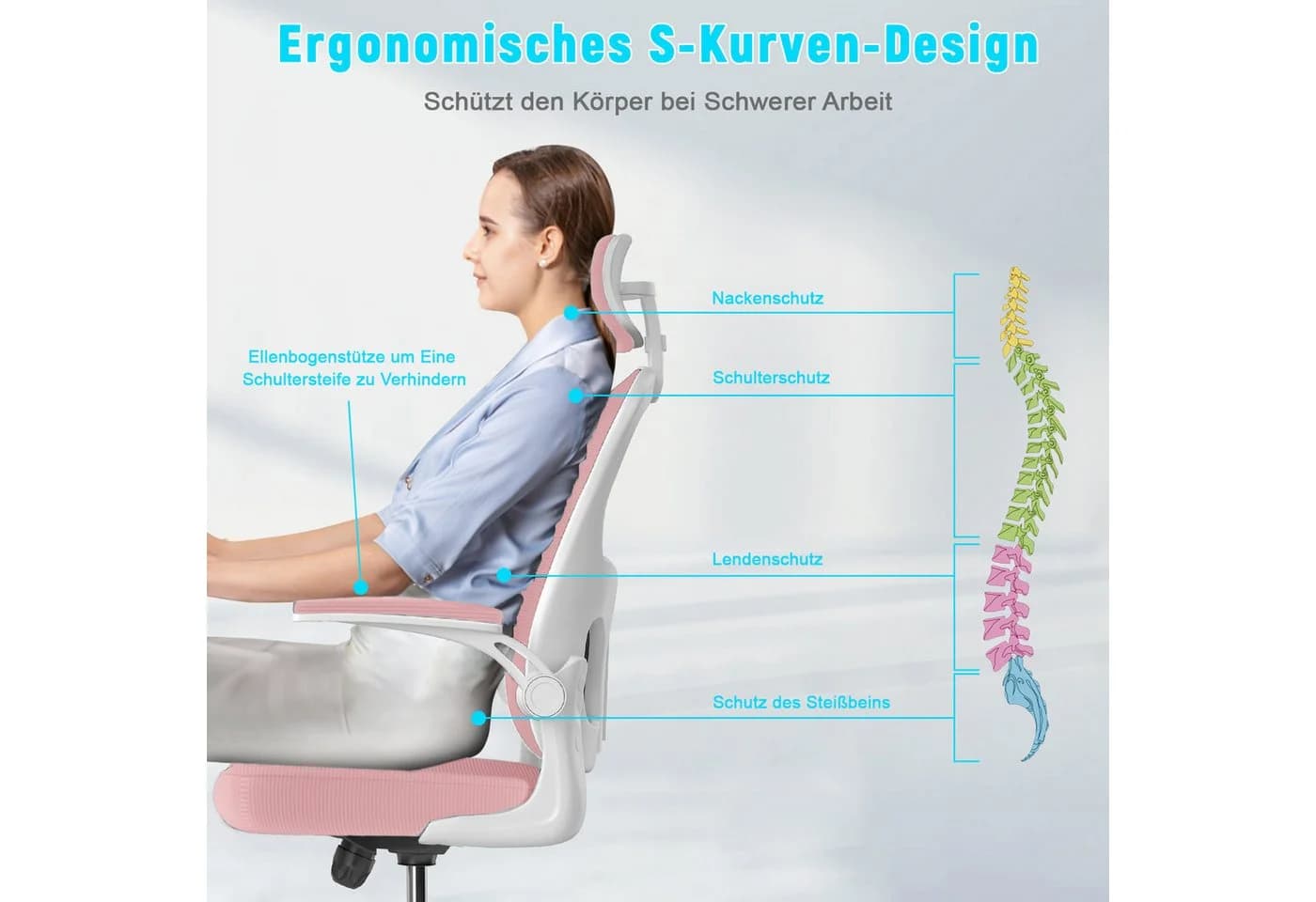 ZAISZE Ergonomischer Bürostuhl Rosa mit Netzbezug und klappbaren Armlehnen - Bild 4