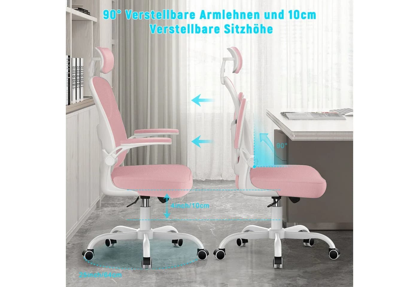 ZAISZE Ergonomischer Bürostuhl Rosa mit Netzbezug und klappbaren Armlehnen - Bild 5