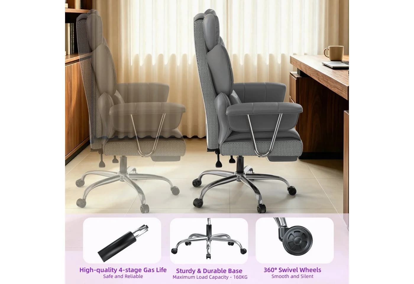 ZAISZE Bürostuhl Ergonomischer Chefsessel Grau mit Fußstütze - Bild 4
