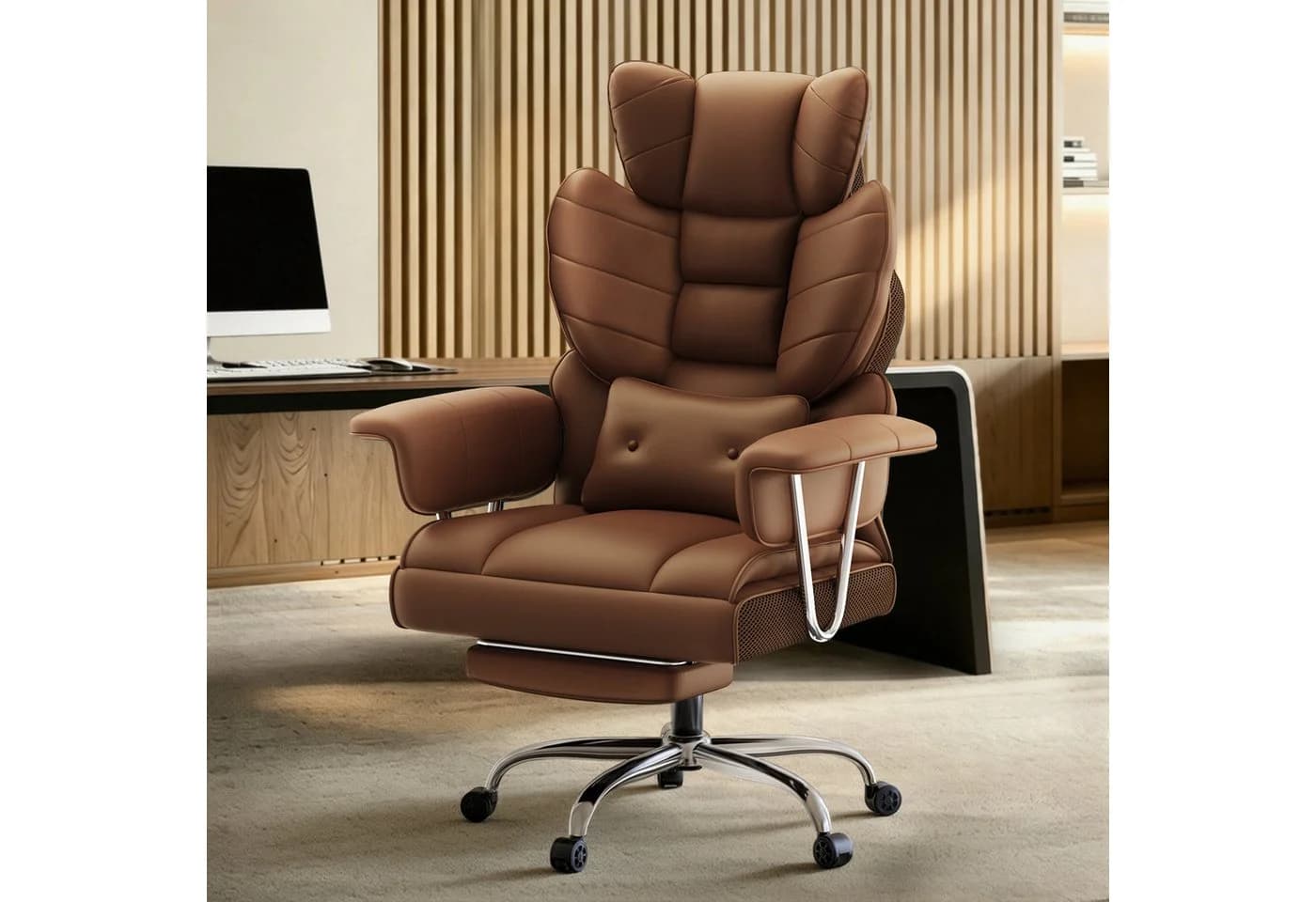 ZAISZE Bürostuhl Ergonomischer Leder Chefsessel mit Fußstütze Braun - Bild 2