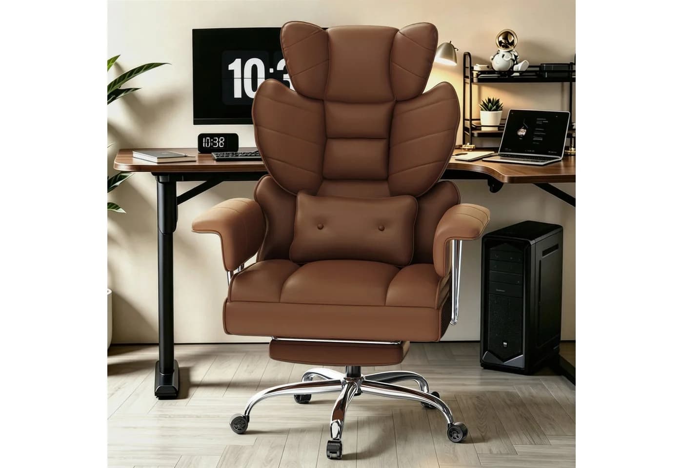 ZAISZE Bürostuhl Ergonomischer Leder Chefsessel mit Fußstütze Braun - Bild 3