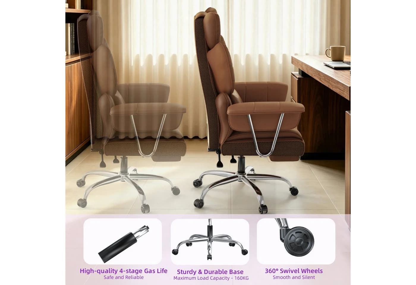 ZAISZE Bürostuhl Ergonomischer Leder Chefsessel mit Fußstütze Braun - Bild 4