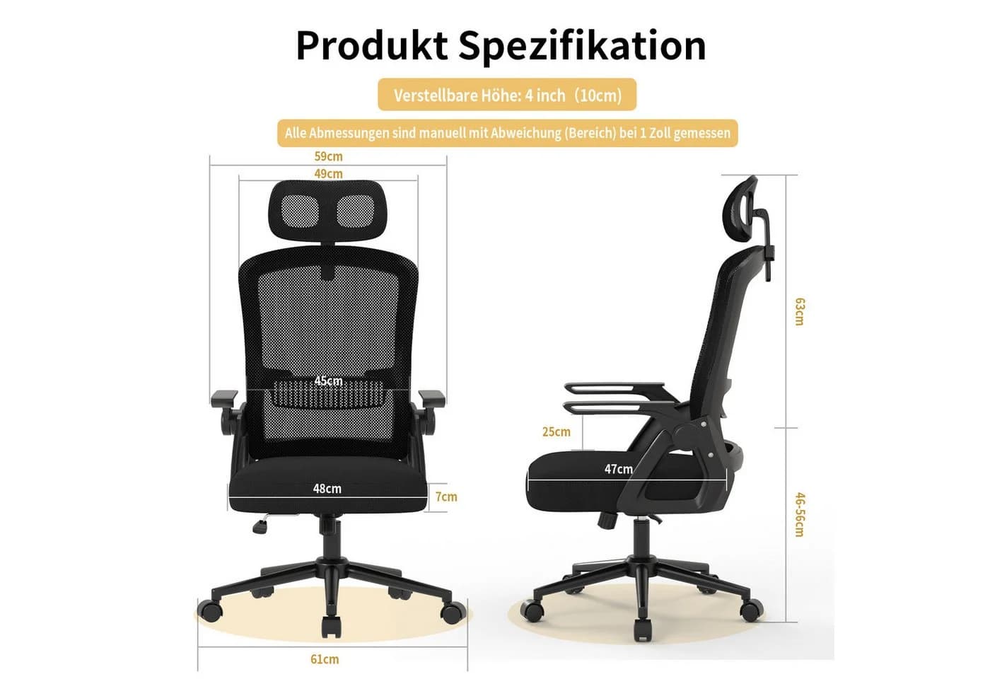 ZAISZE Ergonomischer Bürostuhl drehbar höhenverstellbar schwarz - Bild 4