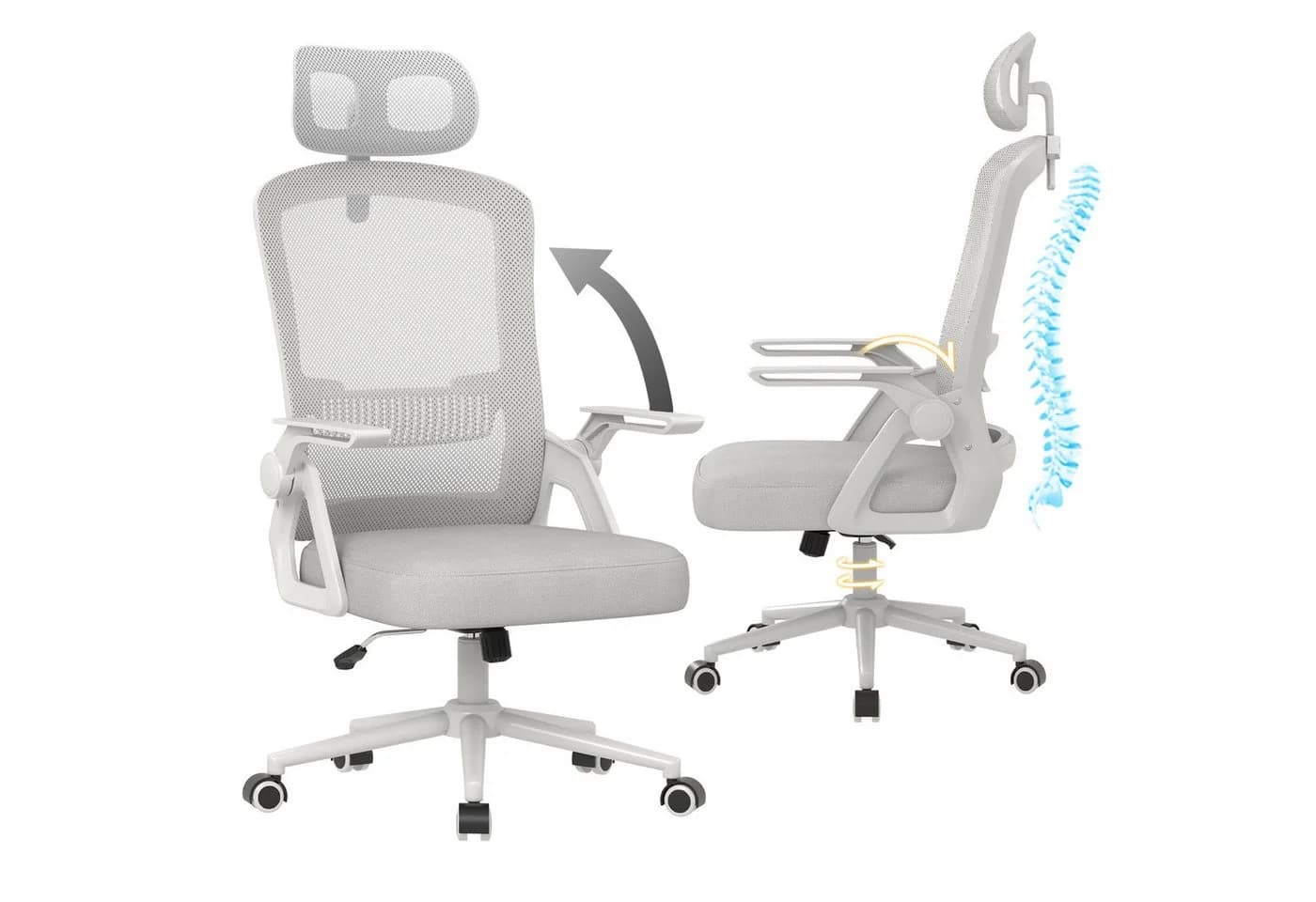 ZAISZE Ergonomischer Bürostuhl Grau drehbar höhenverstellbar - Bild 2