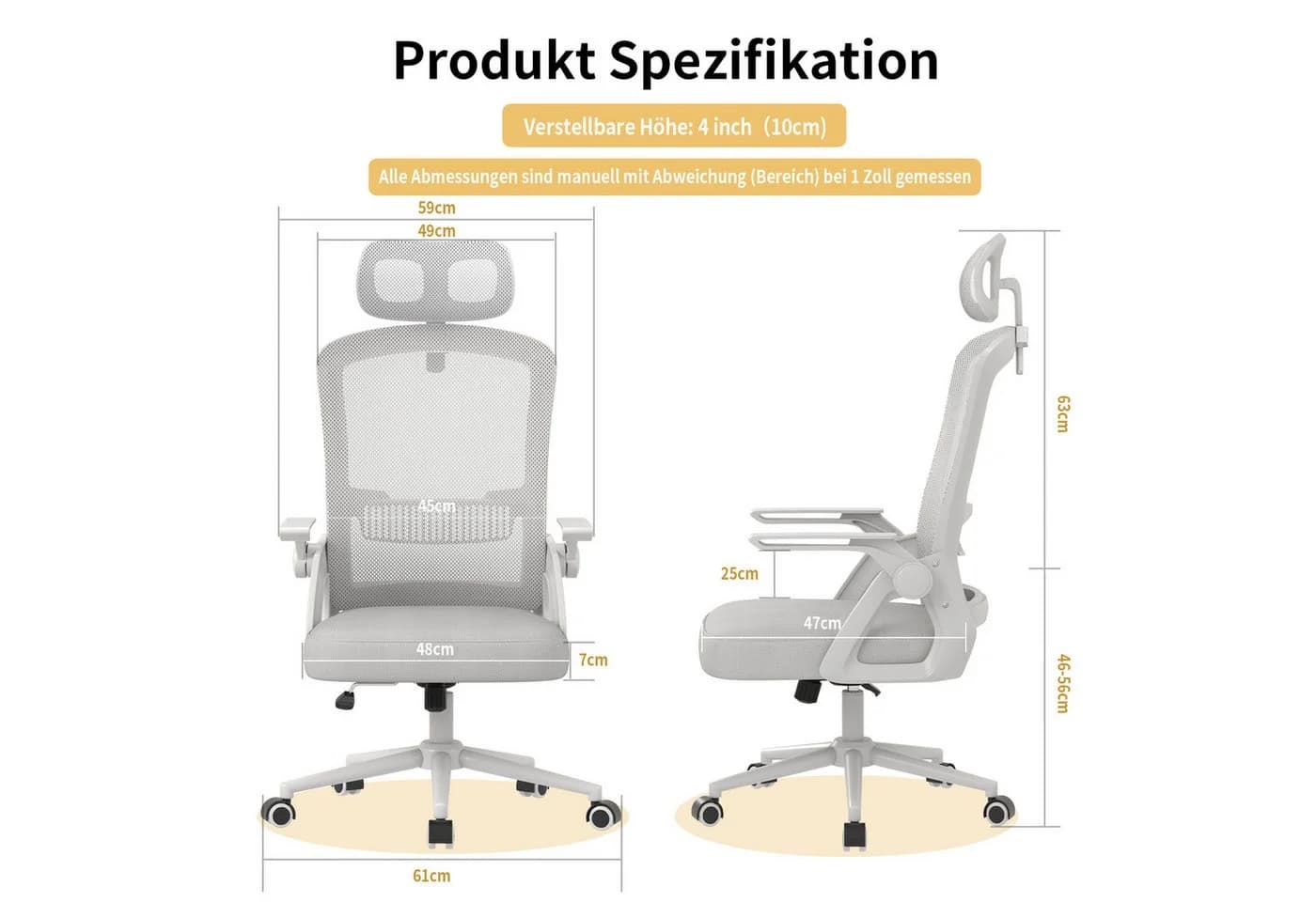 ZAISZE Ergonomischer Bürostuhl Grau drehbar höhenverstellbar - Bild 4