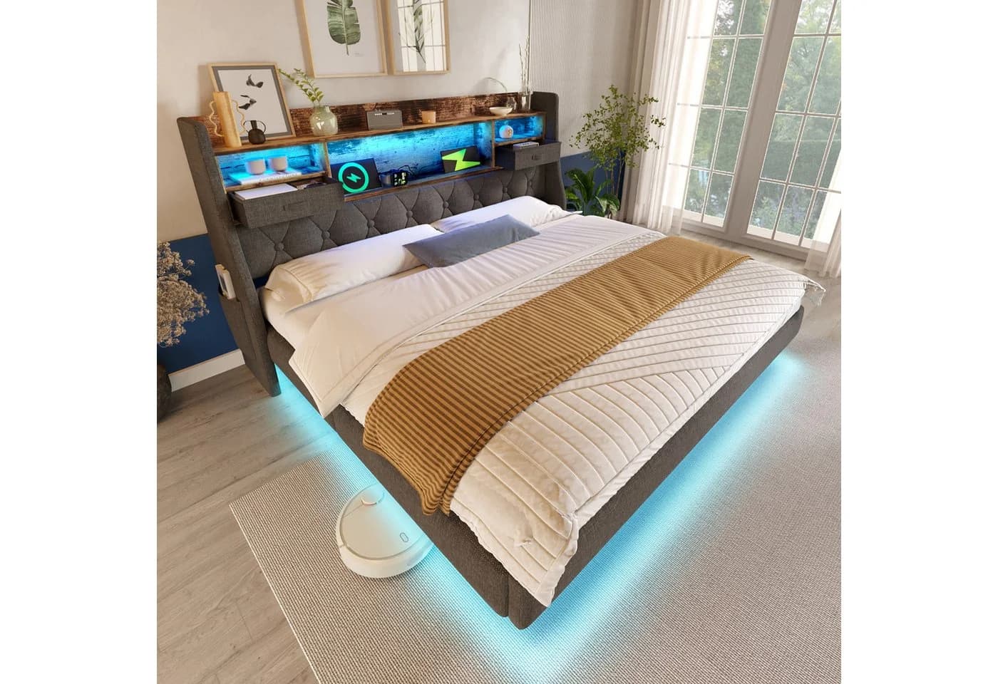 OKWISH Polsterbett mit LED-Beleuchtung, Kopfteil und Ladestation