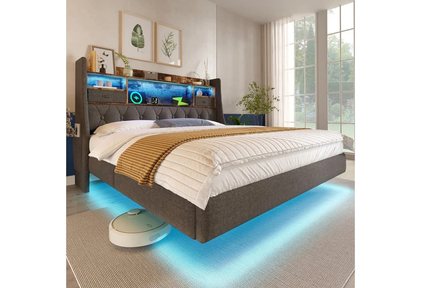 OKWISH Polsterbett mit LED-Beleuchtung, Kopfteil und Ladestation - Bild 2