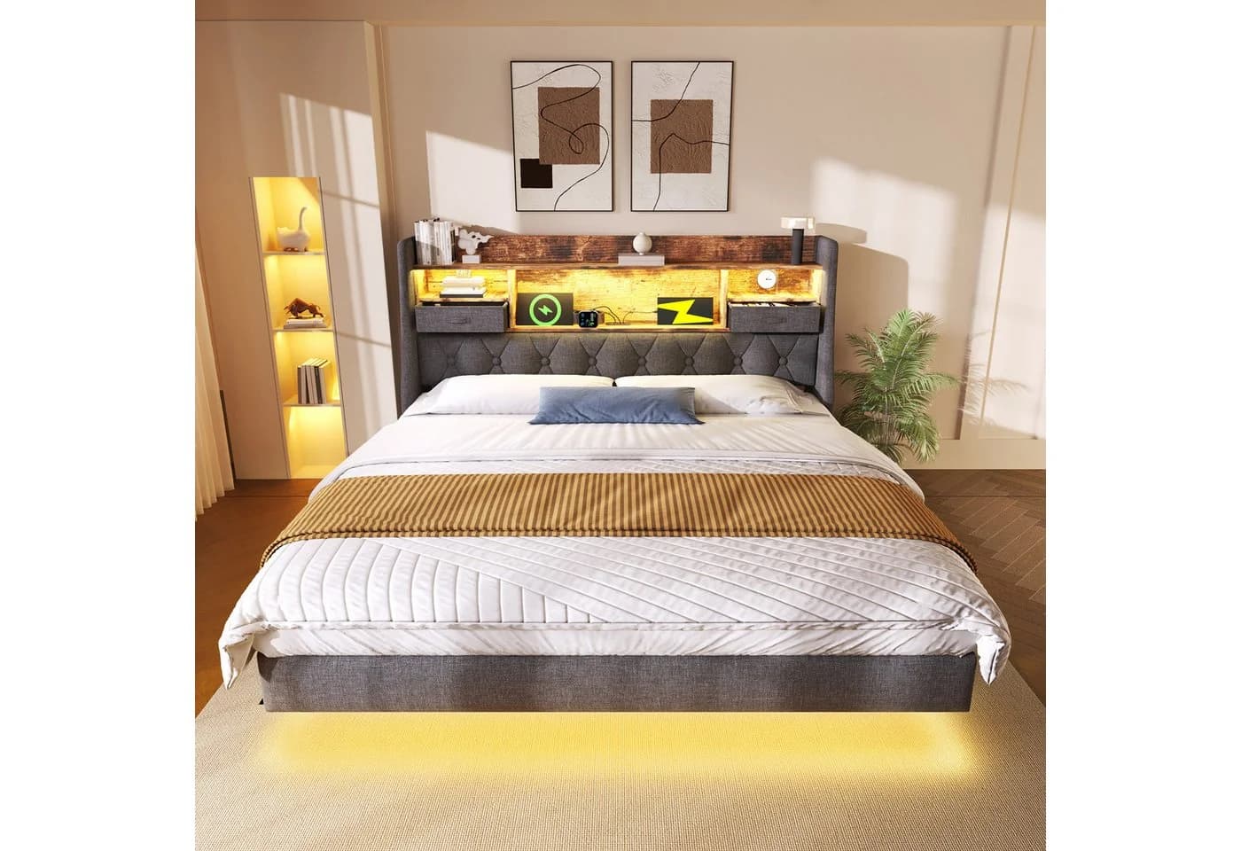 OKWISH Polsterbett mit LED-Beleuchtung, Kopfteil und Ladestation - Bild 3