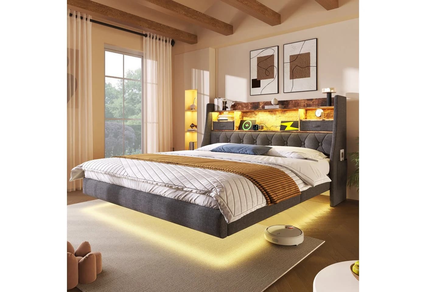OKWISH Polsterbett mit LED-Beleuchtung, Kopfteil und Ladestation - Bild 4