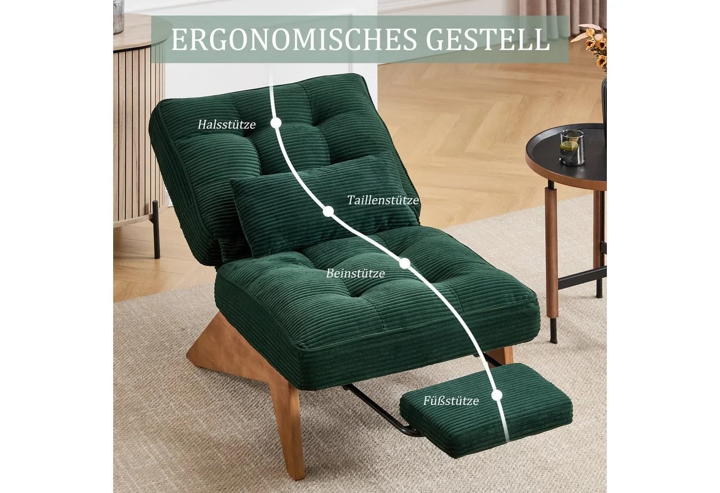 REDOM Loungesessel Verstellbar mit Lendenkissen & Holzbeinen Smaragdgrün - Bild 4