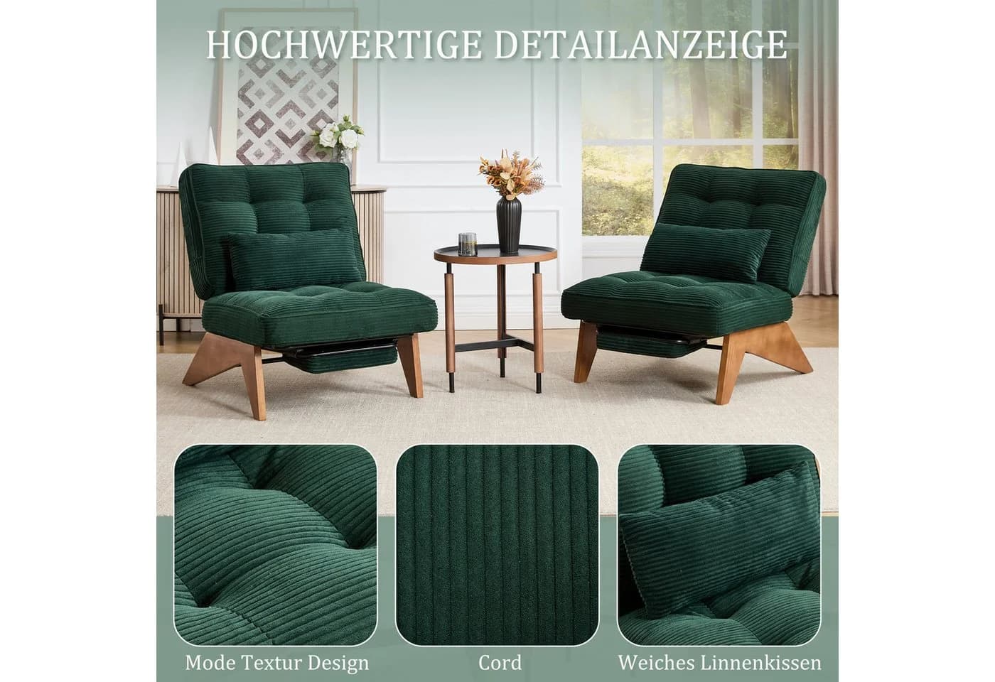 REDOM Loungesessel Verstellbar mit Lendenkissen & Holzbeinen Smaragdgrün - Bild 5