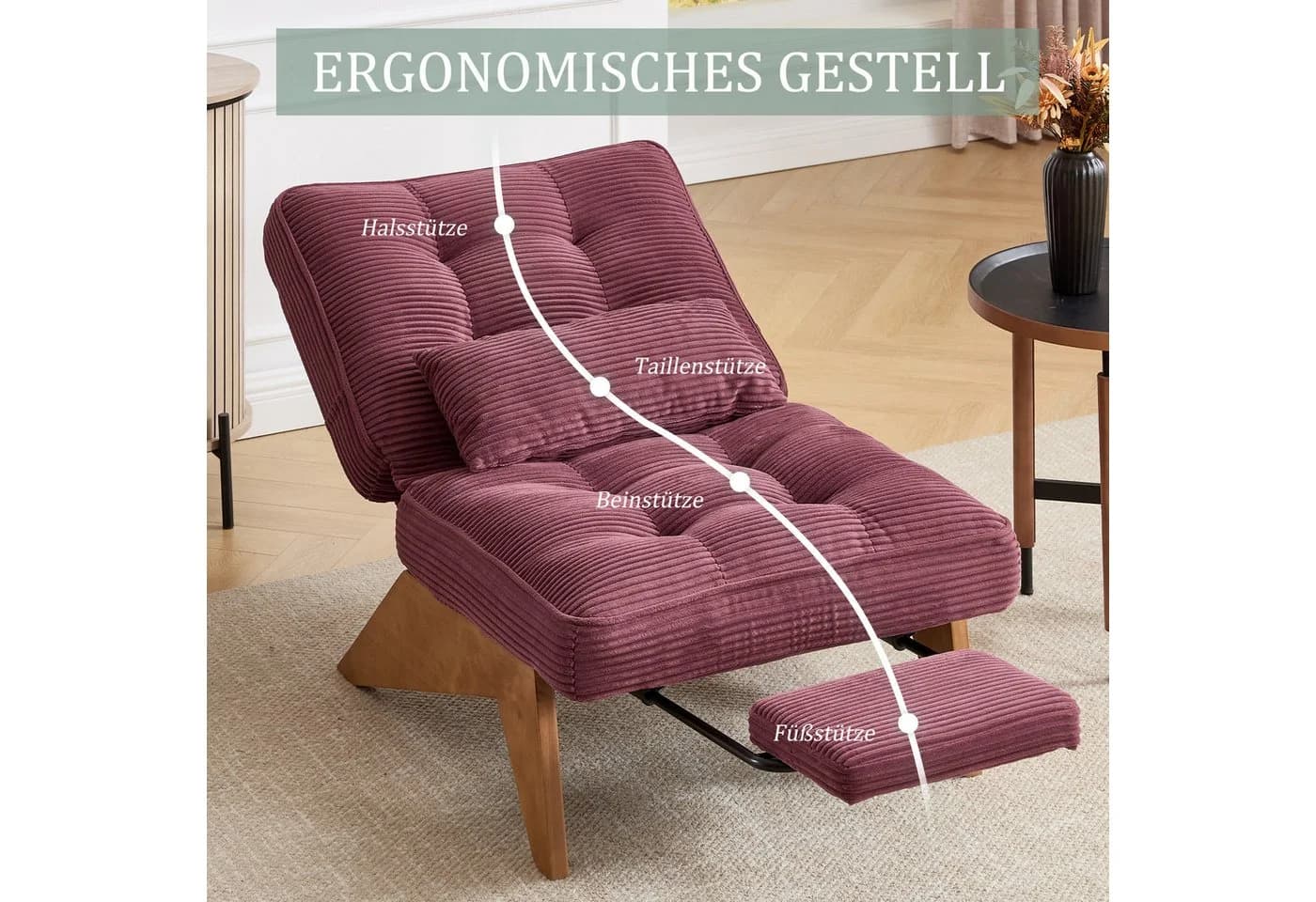 REDOM Loungesessel Verstellbar Weinrot Kordstoff Holzbeine - Bild 4
