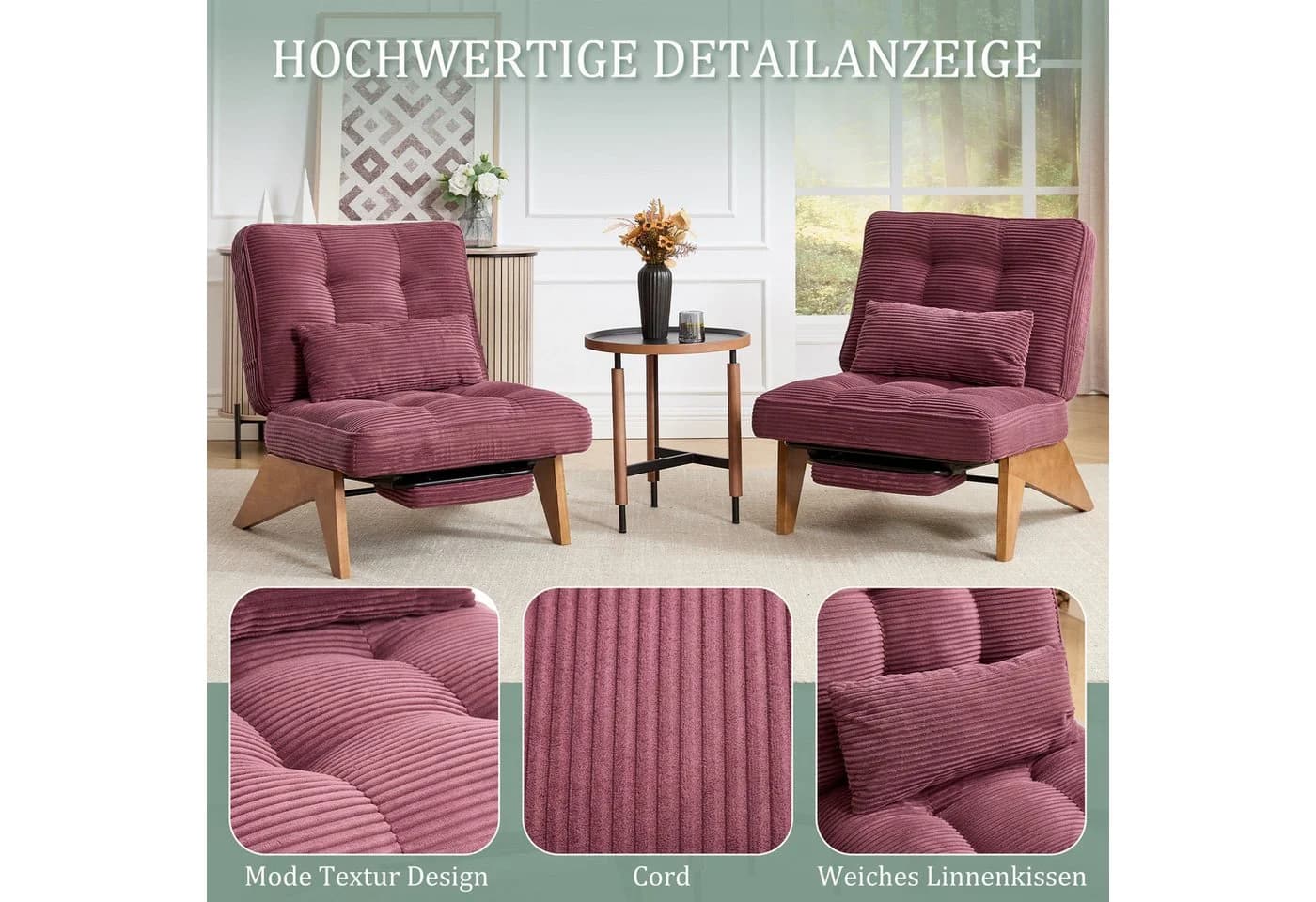 REDOM Loungesessel Verstellbar Weinrot Kordstoff Holzbeine - Bild 5