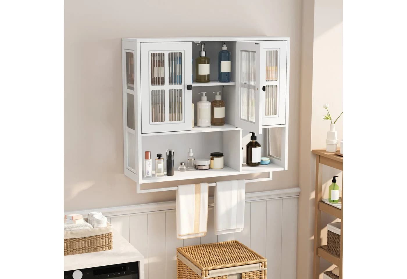REDOM Hängeschrank 3-türiger Wandschrank aus MDF mit Glastür & Handtuchhalter - Bild 3