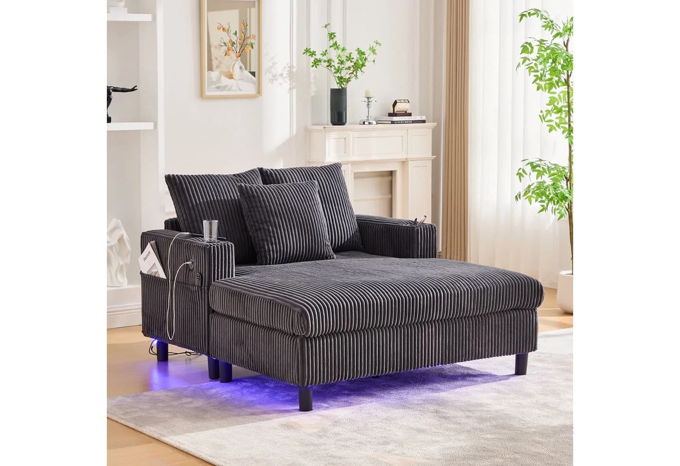REDOM Loungesofa Chaiselongue-Relaxsessel mit LED-Licht, Getränkehalter & USB-Anschluss, Polsterstuhl Schlafsofa, ergonomisch