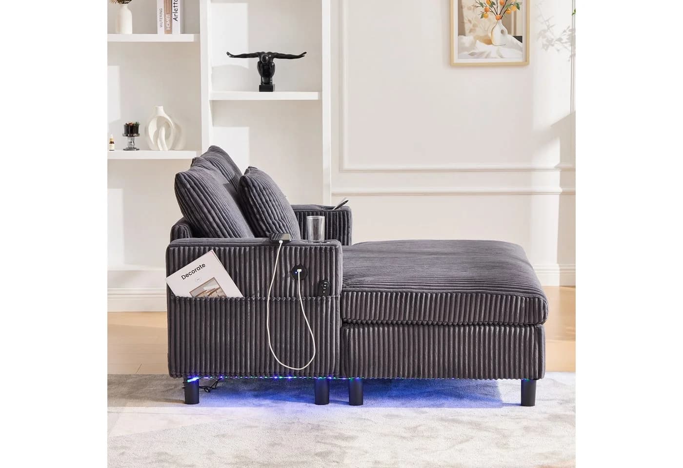 REDOM Loungesofa Chaiselongue-Relaxsessel mit LED-Licht, Getränkehalter & USB-Anschluss, Polsterstuhl Schlafsofa, ergonomisch - Bild 3