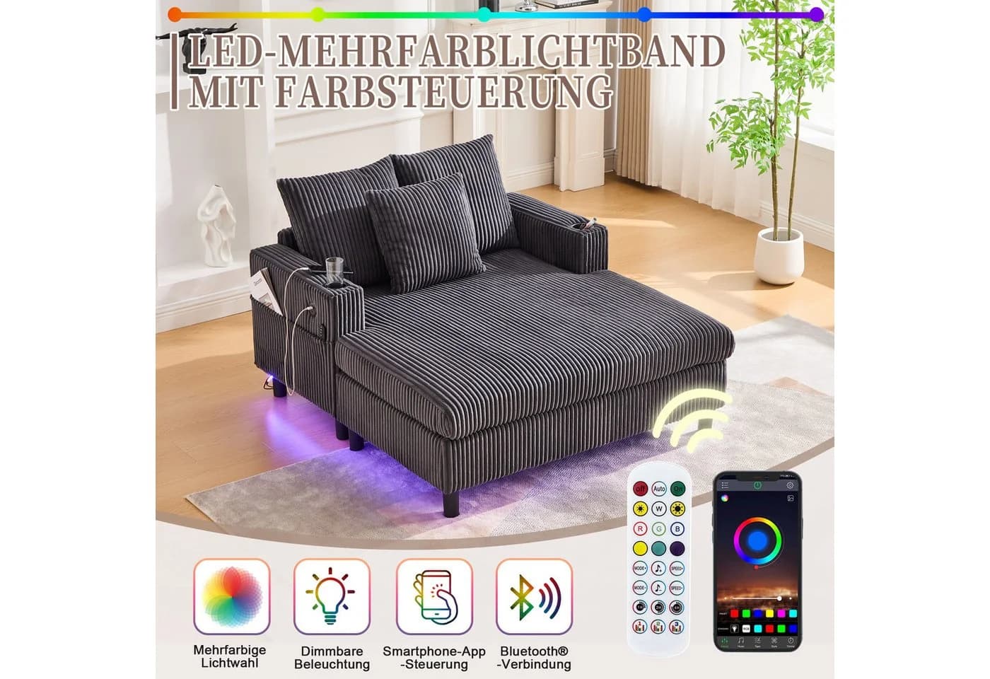 REDOM Loungesofa Chaiselongue-Relaxsessel mit LED-Licht, Getränkehalter & USB-Anschluss, Polsterstuhl Schlafsofa, ergonomisch - Bild 4