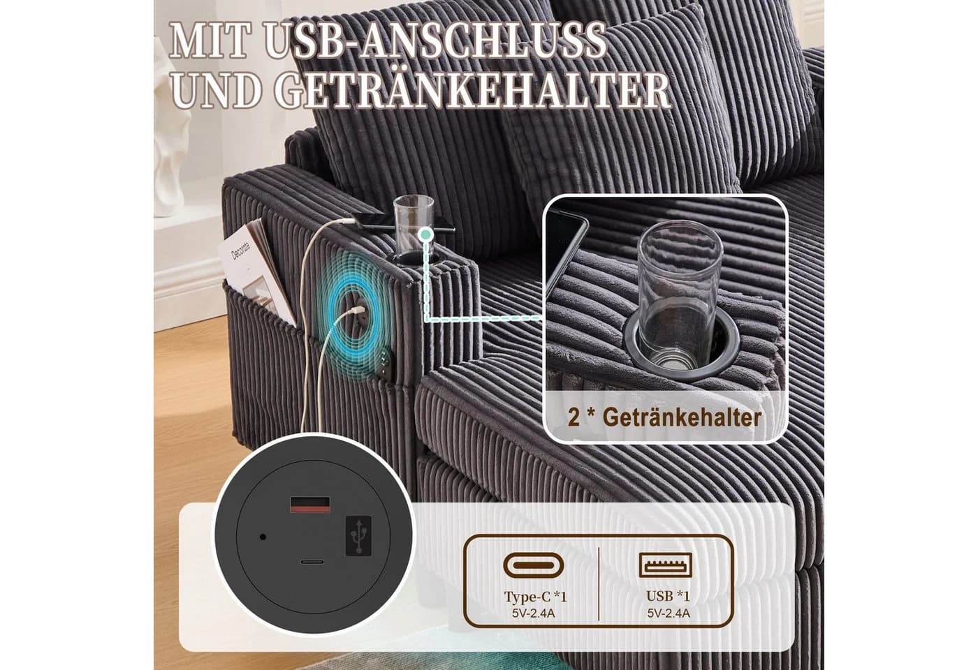 REDOM Loungesofa Chaiselongue-Relaxsessel mit LED-Licht, Getränkehalter & USB-Anschluss, Polsterstuhl Schlafsofa, ergonomisch - Bild 5