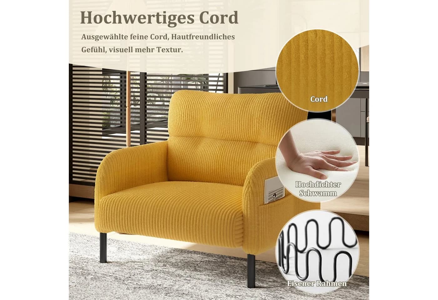 REDOM Cord-Einzelsessel mit ergonomischer Rückenlehne und Seitentaschen