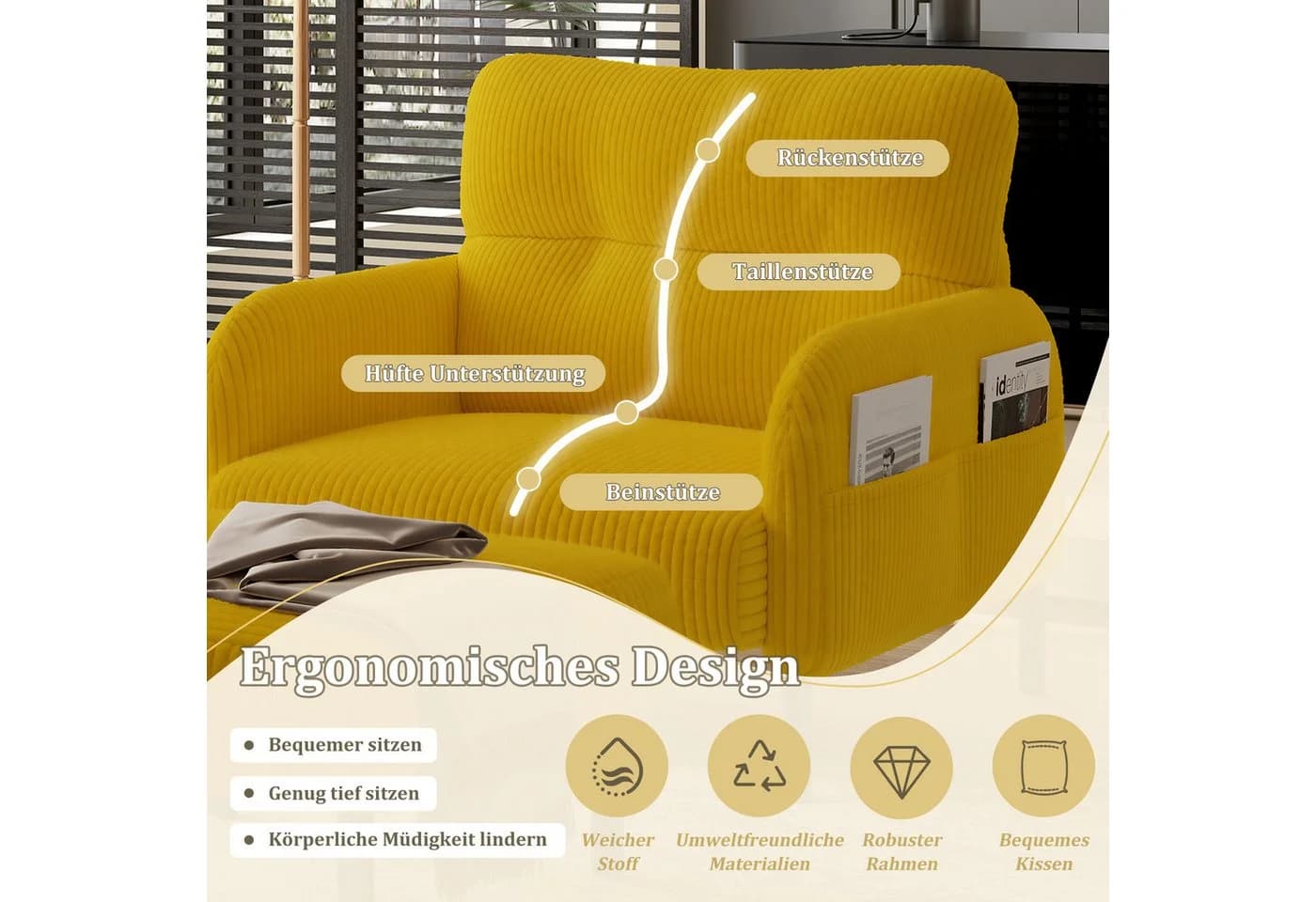 REDOM Cord-Einzelsessel mit ergonomischer Rückenlehne und Seitentaschen - Bild 4