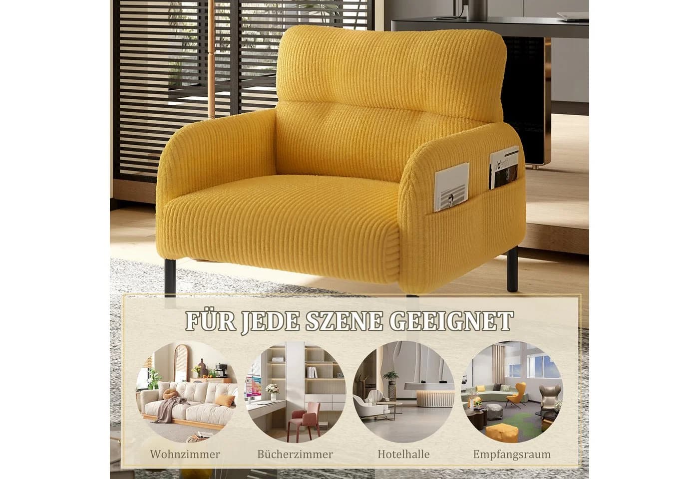 REDOM Cord-Einzelsessel mit ergonomischer Rückenlehne und Seitentaschen - Bild 5