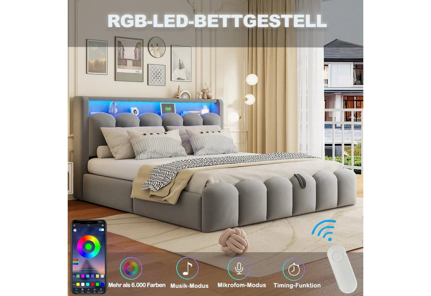 MODFU Polsterbett 180x200 cm mit Stauraum, USB-C & LED - Bild 4