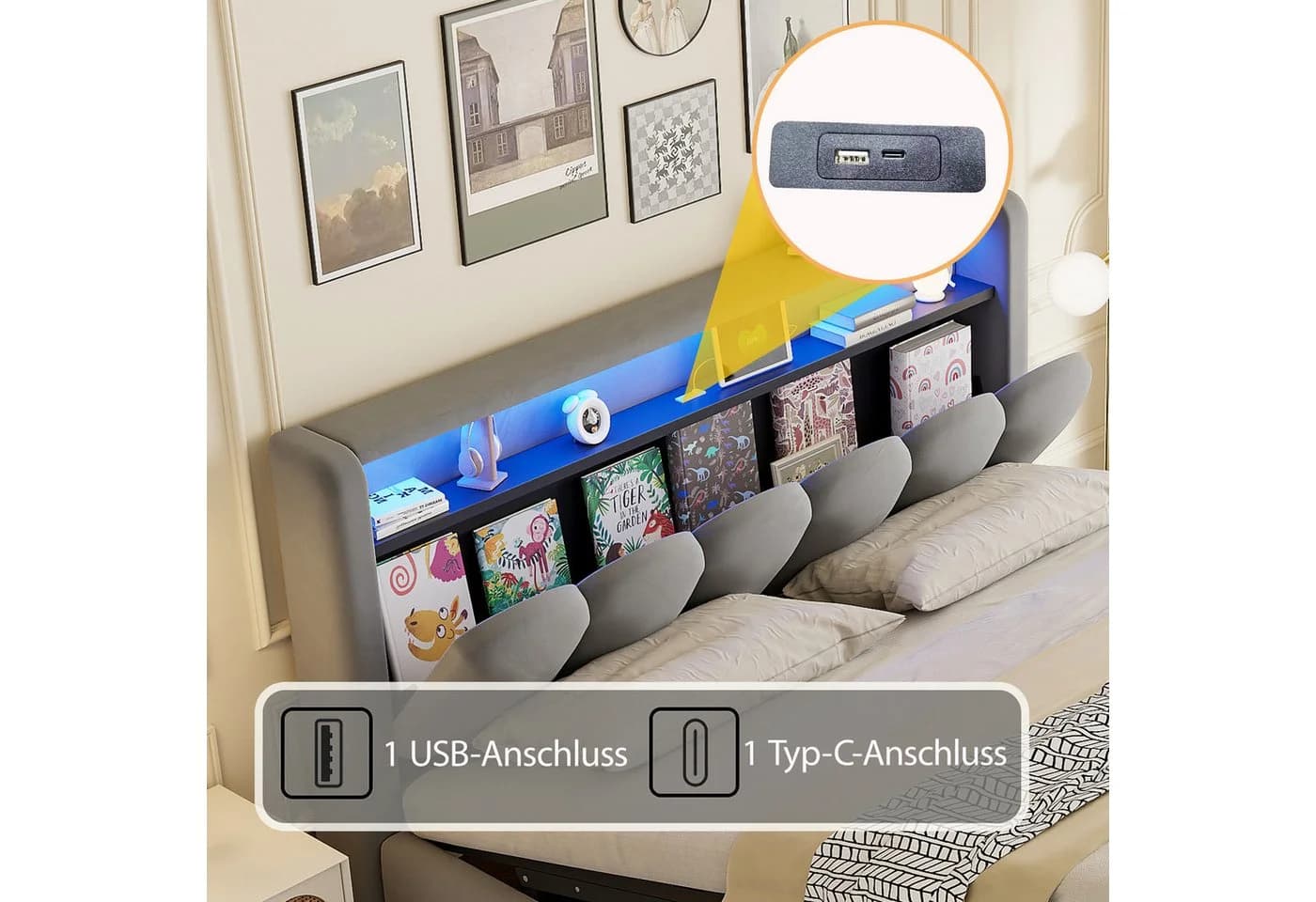 MODFU Polsterbett 180x200 cm mit Stauraum, USB-C & LED - Bild 5