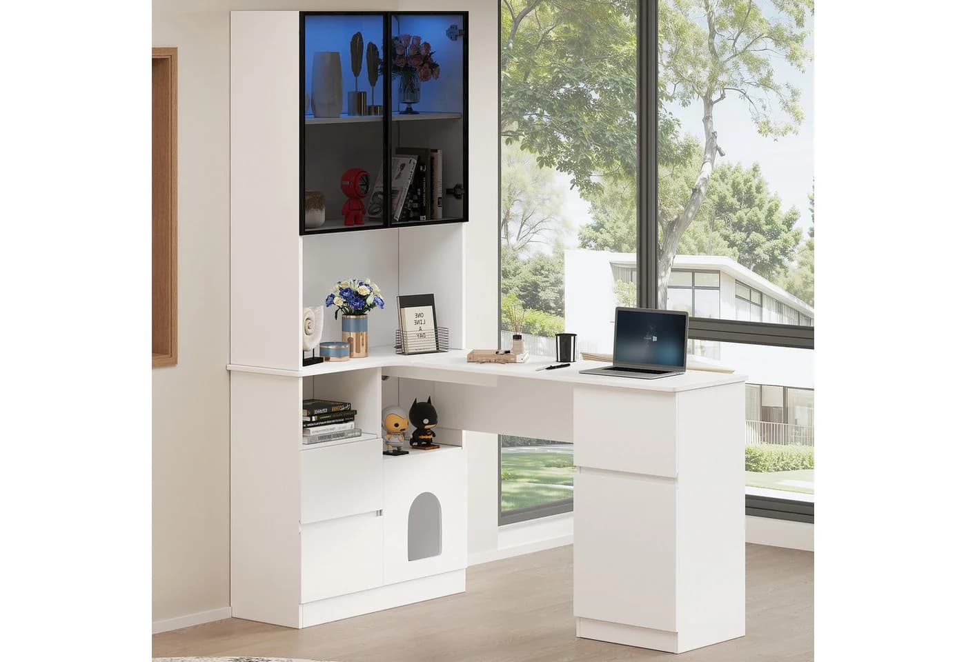 MODFU Eckschreibtisch mit LED-Vitrine Weiß Grau