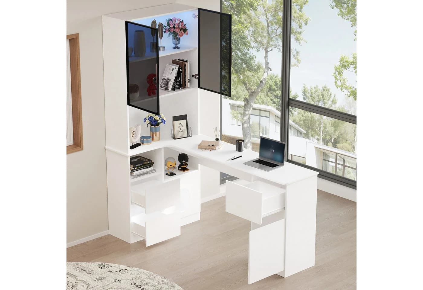 MODFU Eckschreibtisch mit LED-Vitrine Weiß Grau - Bild 2