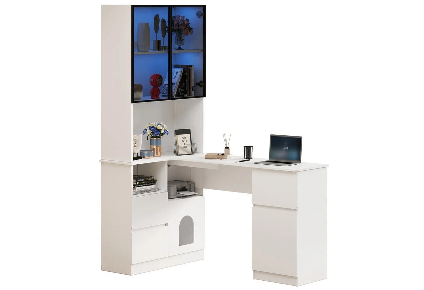 MODFU Eckschreibtisch mit LED-Vitrine Weiß Grau - Bild 3