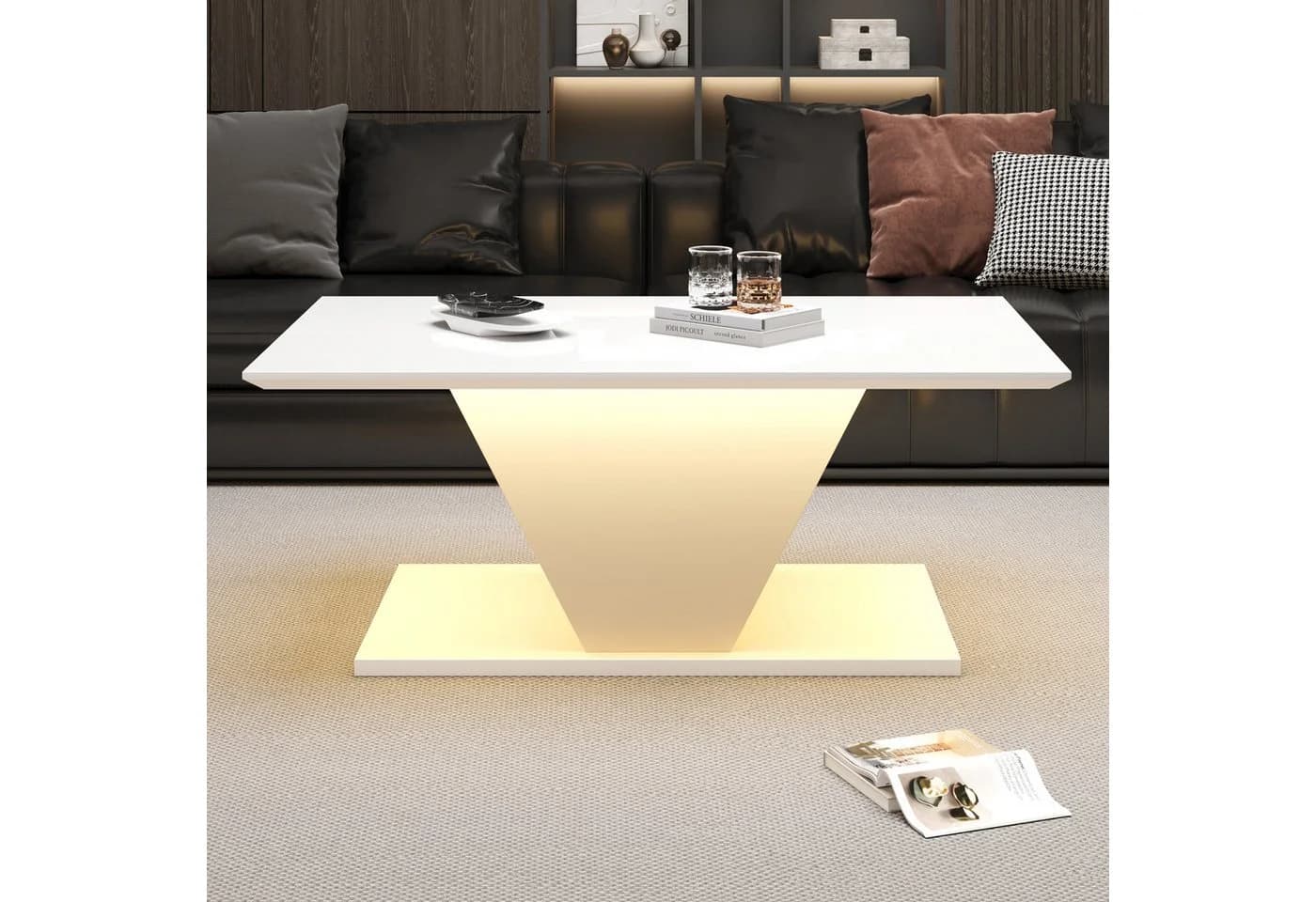 REDOM Couchtisch Hochglanzoberfläche V-Design 100x50x46 cm LED-Beleuchtung