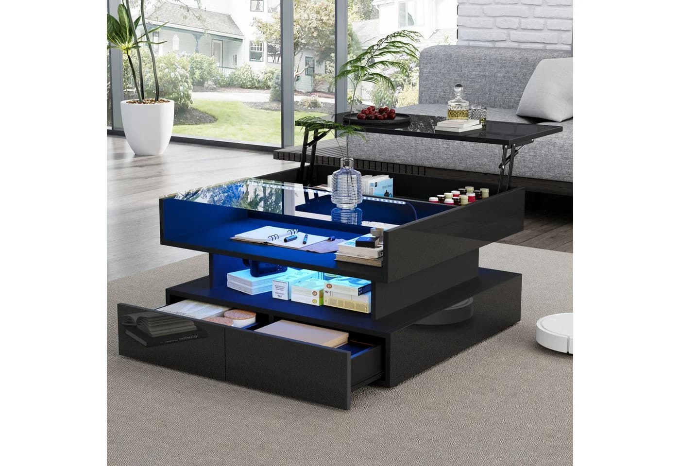 REDOM Höhenverstellbarer Couchtisch Schwarz Hochglanz mit LED & Stauraum