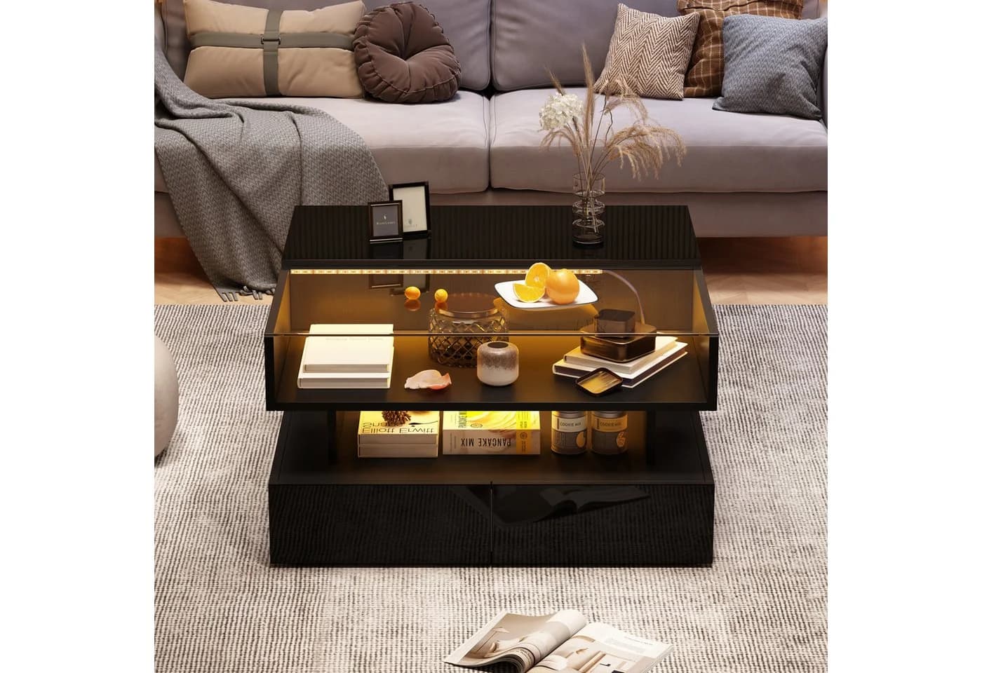 REDOM Höhenverstellbarer Couchtisch Schwarz Hochglanz mit LED & Stauraum - Bild 2