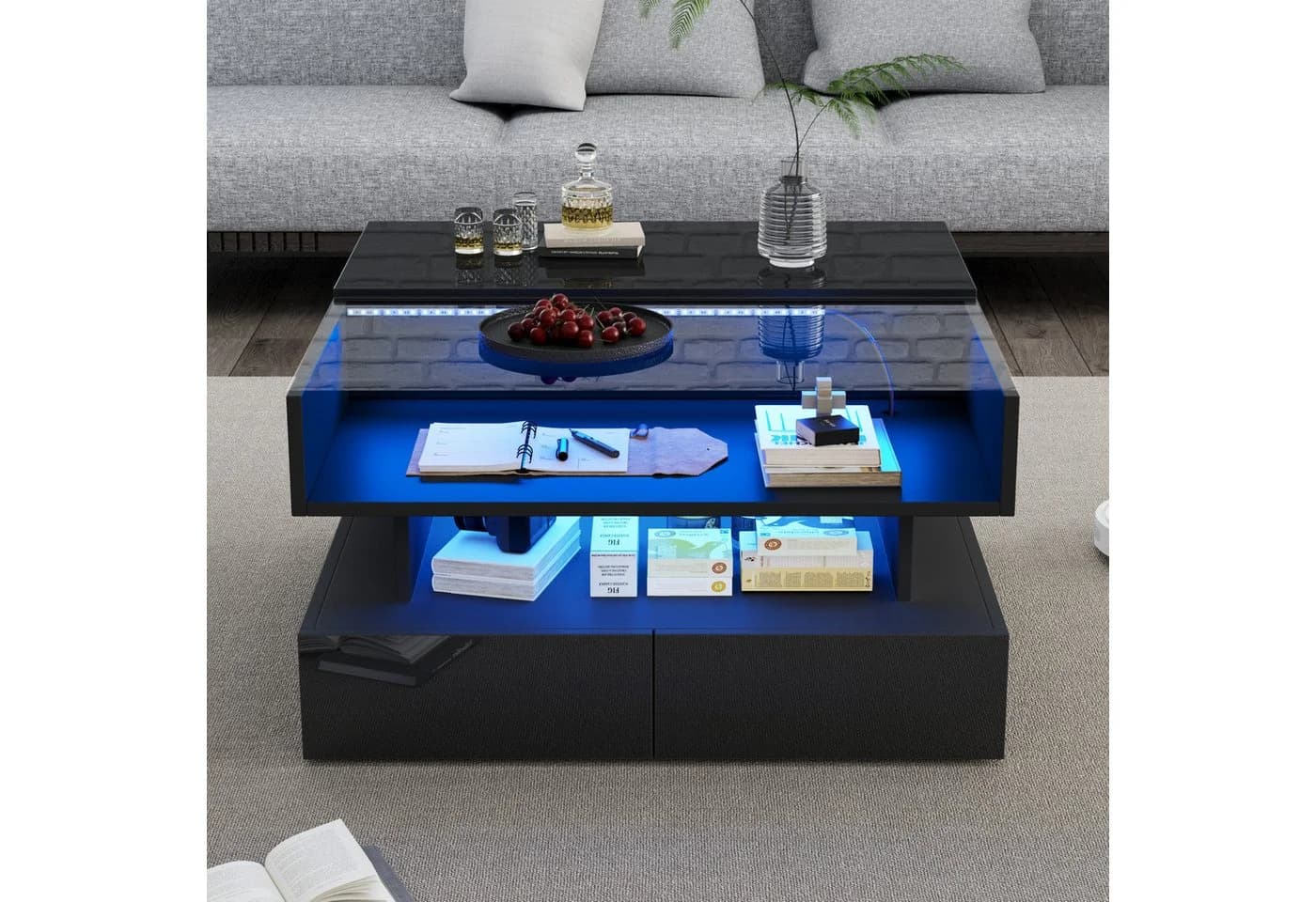 REDOM Höhenverstellbarer Couchtisch Schwarz Hochglanz mit LED & Stauraum - Bild 3